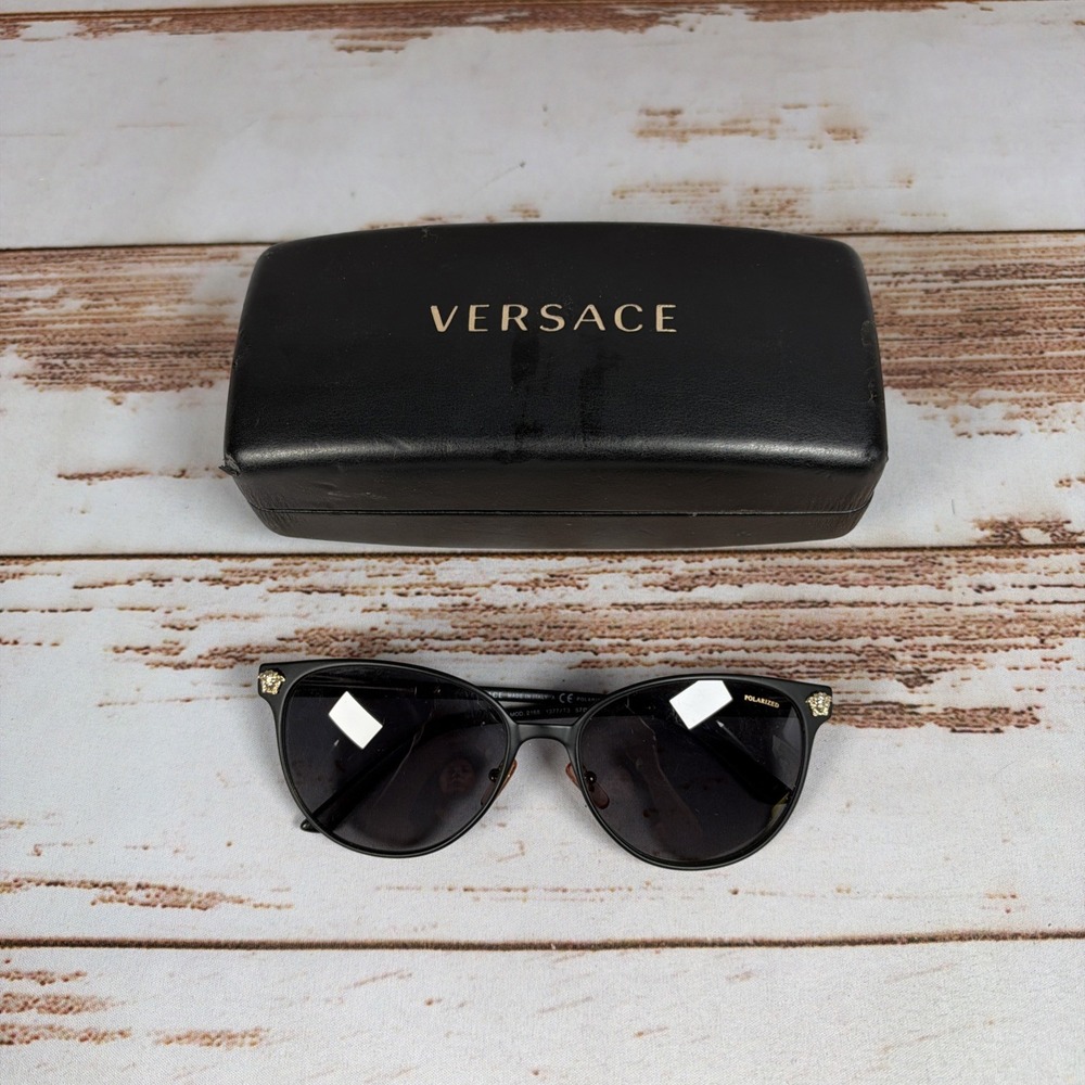 Versace MOD 2168 Black Gold Cat Eye Polarized Sunglasses Medusa Italy Case Flaw